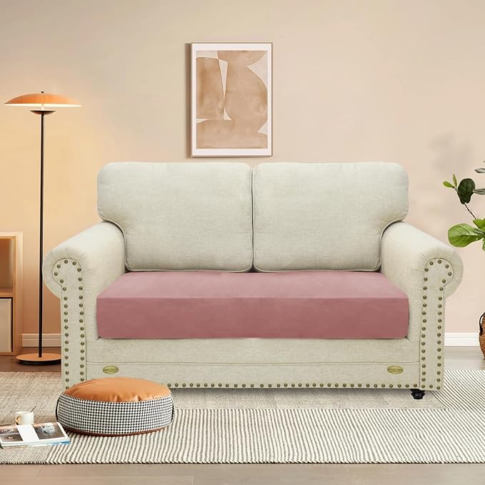 MAXIJIN Velvet Stretch Couch Cushion Covers Soft Loveseat Cushion Cover Replacement Sofa Seat Cushion Slipcovers RV Protector with Elastic Bottom (1 Piece Loveseat Cushion Cover, Dusty Pink)