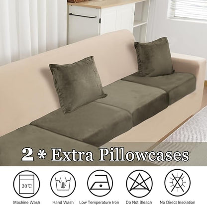 Sectional Couch Cover 3 Pieces Velvet Separate Couch Cushion Covers L Shape Soft Stretch Sofa Slipcovers with 2pcs Pillowcases for Left/Right Chaise Sectional Couch(2 Seater+1 Chaise,Olive Green)
