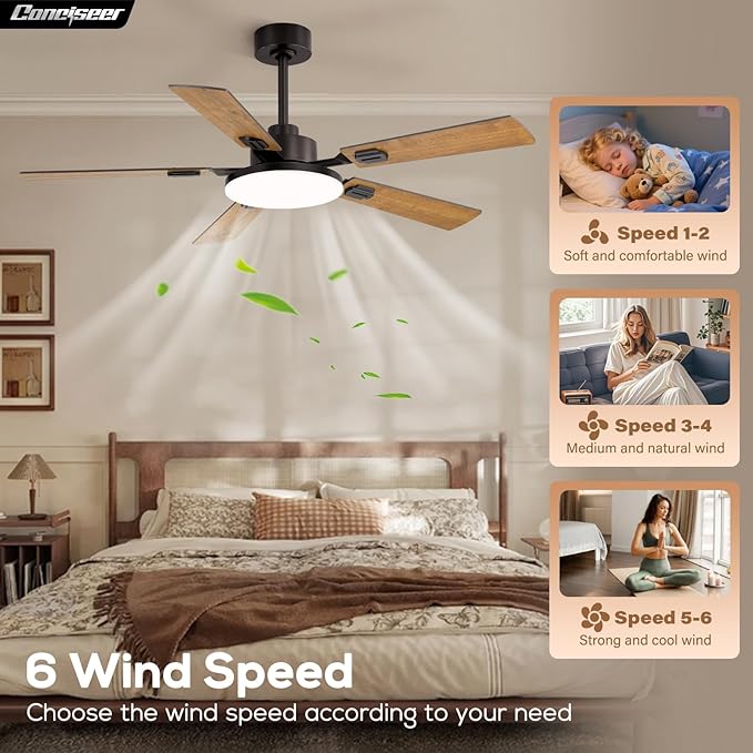 52 Inch Ceiling Fans with Lights and Remote for Bedroom Living Room Kitchen Office, Indoor/Outdoor Use, 5CCT Dimmable, 5 Blades 6 Speed Reversible Quiet DC Motor, Brown/Wood Grain