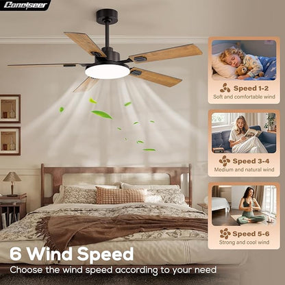 52 Inch Ceiling Fans with Lights and Remote for Bedroom Living Room Kitchen Office, Indoor/Outdoor Use, 5CCT Dimmable, 5 Blades 6 Speed Reversible Quiet DC Motor, Brown/Wood Grain