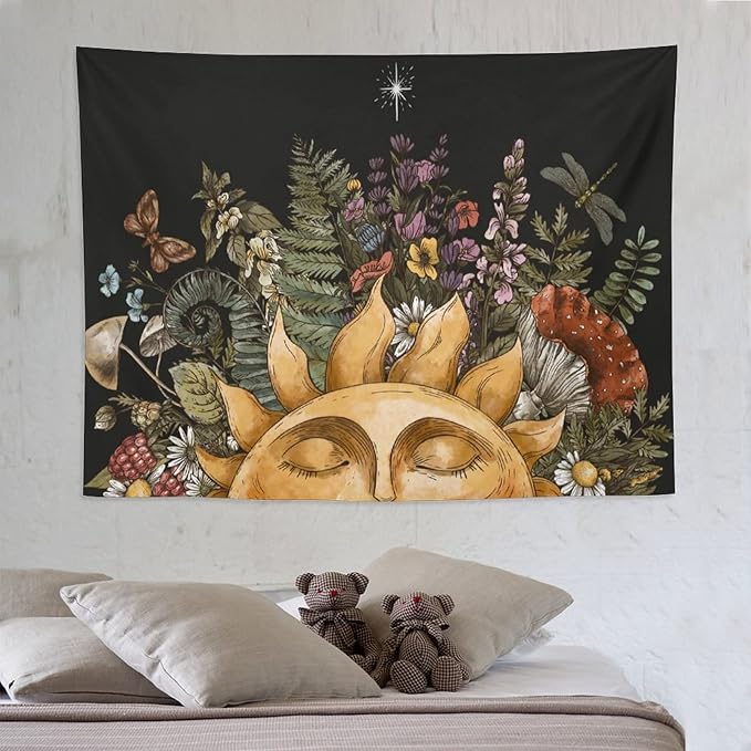Vintage Sun Tapestry Wall Hanging,Hippie Boho Mushroom Floral Plant Tapestries for College Dorm Living Room Bedroom Decor(60"x80")