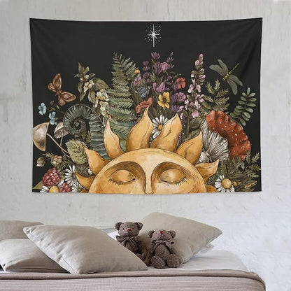 Vintage Sun Tapestry Wall Hanging,Hippie Boho Mushroom Floral Plant Tapestries for College Dorm Living Room Bedroom Decor(60"x80")
