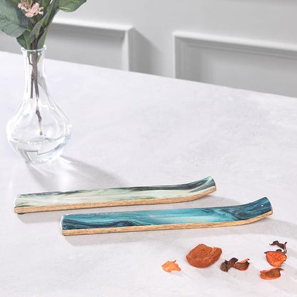 Folkulture Set of 2 Incense Holder or Incense Burner for Insence Sticks, Insence Burner Holder for Home Decor or Ash Catcher, Inscent Tray or Insense Stick Holders, Mango Wood, Blue and Green Agate