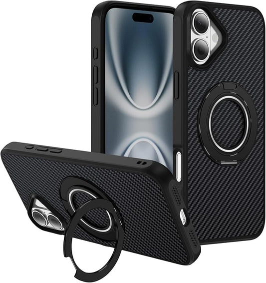 Mag-Stand Carbon Fiber Case for iPhone 17, 360° Rotate Magnetic Stand, Compatible with MagSafe, 15FT Military Protection, Slim Shockproof Magnetic Kickstand Mag Phone Case for Men Women Black