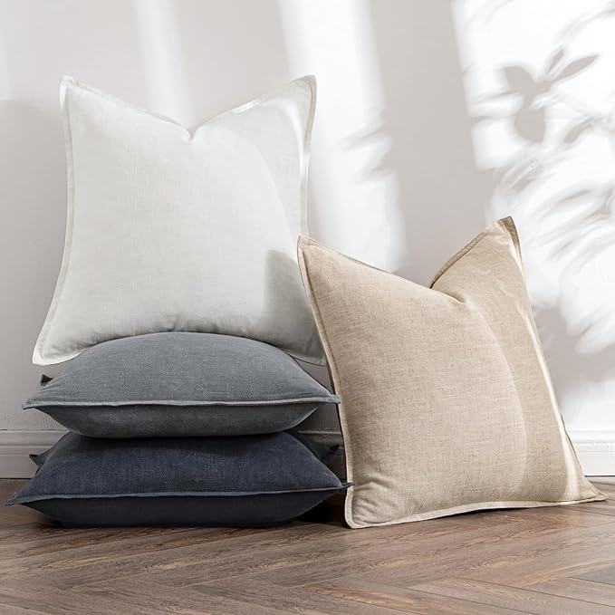 MIULEE Neutral Cream/Gray Linen Pillow Covers Pack of 4 Decorative Natural Solid Throw Pillow Covers Soft Accent Boho Farmhouse Couch Pillowcases Modern Home Decors for Living Room Bed Sofa 24x24 Inch
