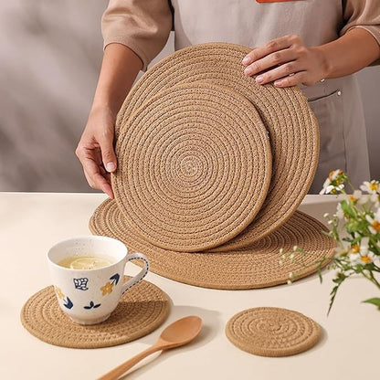6 Pack Jute Woven Placemats, 13.8 inches Braided Charger Plates Round Rattan Placemats Vintage Tablemats Wicker Tablemats Boho Heat Resistant Mats for Weddings Indoor & Outdoor Party