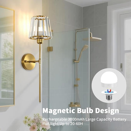 Battery Operated Crystal Wall Sconce Set of 2, Brushed Gold Wireless Wall Light with Remote Control, LED Dimmable 15 Colors USB Rechargeable Light Bulbs Wall Lamp for Bedroom Living Room Hallway