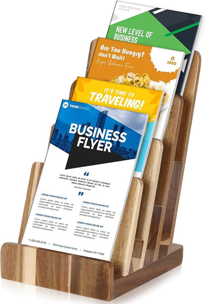 4 Tier Acacia Wood Brochure Display Stand 6 x 9 inch Brochure Holder Pamphlet Display Stand for 5.5 x 8.5 inch 5 x 7 inch Booklets Menus Postcard Holder Multi Purpose Organizer