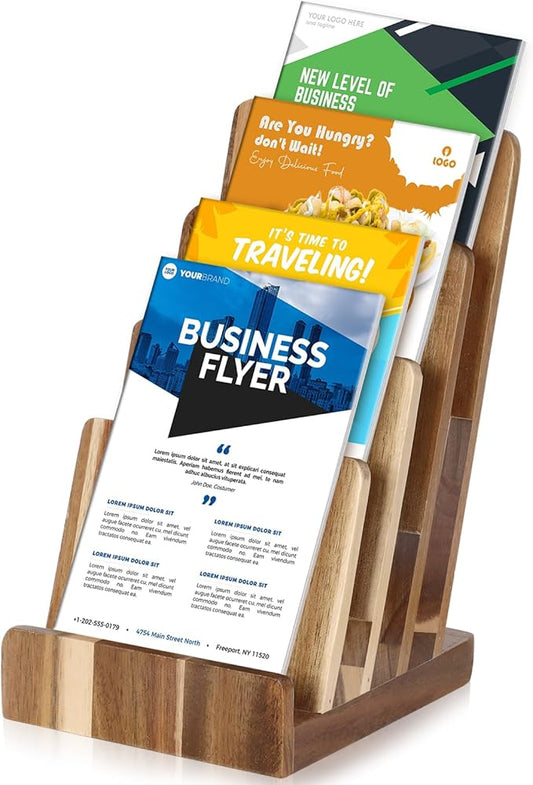 4 Tier Acacia Wood Brochure Display Stand 6 x 9 inch Brochure Holder Pamphlet Display Stand for 5.5 x 8.5 inch 5 x 7 inch Booklets Menus Postcard Holder Multi Purpose Organizer