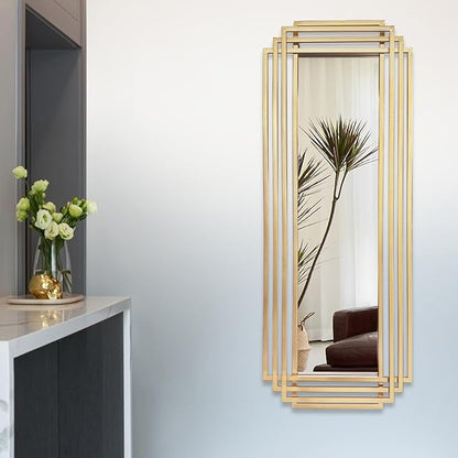 Modern Rectangle Mirror, 42"x16" Geometric Art Deco Mirror with Metal Frame, Gold Elegant Mirrors for Living Room Bedroom Bathroom Entryway Hallway, Hangs Vertically or Horizontally