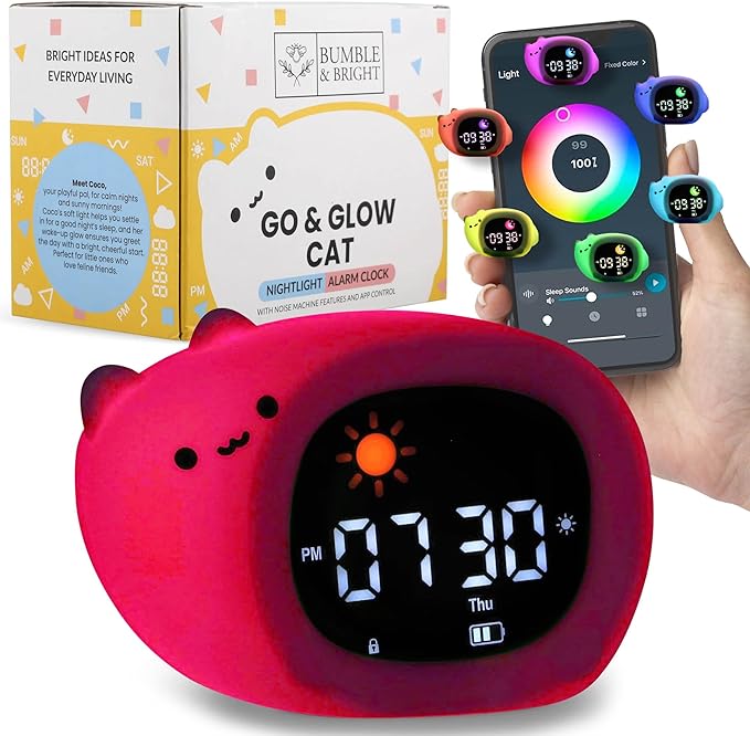 App-Controlled Kids Sleep Trainer - Color-Changing Night Light Alarm Clock with Sounds, OK-to-Wake Toddler Clock, USB-C Corded with Backup Battery, Gift for Boys & Girls - Cat Alarm Clock for Kids