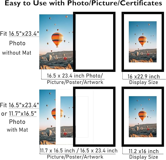 16.5x23.4 A2 Picture Frame Set of 2 Black with 11.7x16.5 A3 Mat, Display Photo 11.7x16.5 with Mat or 16.5 x 23.4 Without Mat, Wall Hanging Large Frame with Plexiglass, 2 Pack, Black