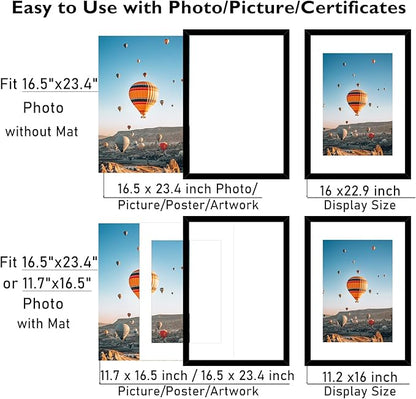 16.5x23.4 A2 Picture Frame Set of 2 Black with 11.7x16.5 A3 Mat, Display Photo 11.7x16.5 with Mat or 16.5 x 23.4 Without Mat, Wall Hanging Large Frame with Plexiglass, 2 Pack, Black