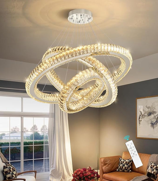 3 Rings Chandelier Modern Dimmable High Ceiling Large Ring Chanderliers Entryway Crystal Pendant Lights for Entryway Foyer Living Room Silver Light