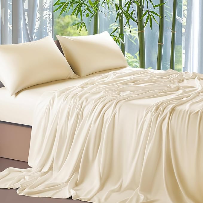 Shilucheng 100% Viscose Derived from Bamboo_ Sheets Cal King Size 4pcs - Ultra Cooling & Silky Soft Bed Sheets, 16" Deep Pocket, Perfect for Hot Sleepers, Hotel Bedding Sheets (Beige)