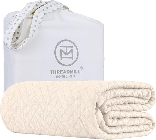 Threadmill Luxury Cotton Blankets for Queen Size Bed | All-Season 100% Cotton Queen Size Blanket |Criss Cross Jacquard Cozy Lightweight, Soft Breathable Coverlet fits Full Size Bed 90x92|Vanilla Cream