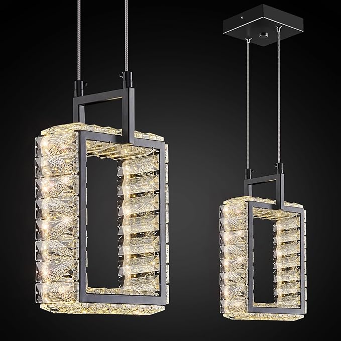 Kitchen Island Mini Light Fixture Modern Led Crystal Pendant Light Black Rectangle Chandelier for Dining Room Living Room Kitchen Bedroom Bar（1-Pack）