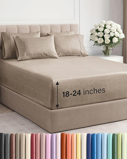 Extra Deep Cal King Sheet Set - 6 Piece Breathable & Cooling Sheets - Hotel Luxury Bed Sheets Set - Easy Fit - Soft, Wrinkle Free & Comfy Sheets Set - Heathered Beige Sheet Set w/Extra Deep Pockets