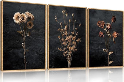 Large Moody Dark Floral Framed Canvas Wall Art,Vintage Dried Flowers Wall Decor,Modern Retro Wildflowers Artwork,Mid Century Boho Botanical Art Print for Living Room,Bedroom,Office- 24"x36"x3