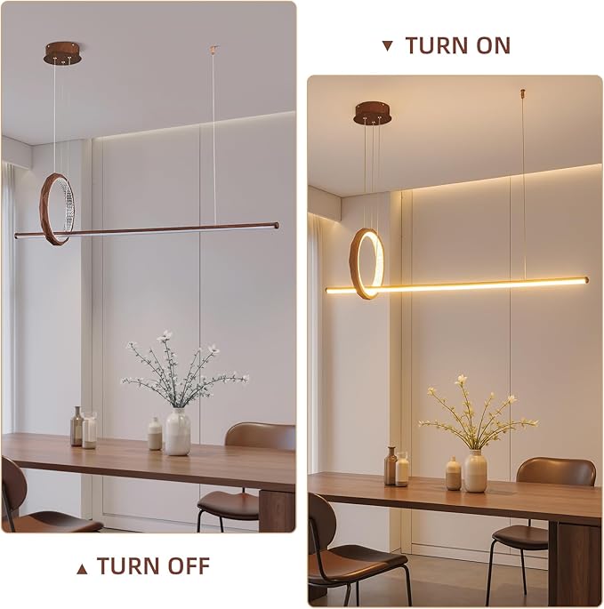 HEYAN 43" Farmhouse Pendant Light in Walnut Wood Finish, Light Fixtures Over Table，Single Multi-Faceted Metal Ring Long Linear Kitchen Island Lighting for Dining Room Table Coffee Bar Counter