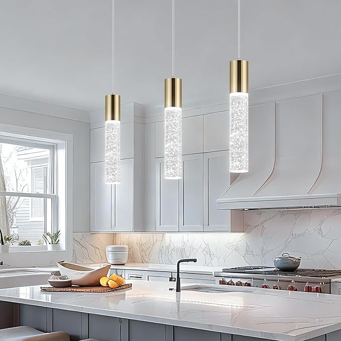 OKELI Modern Pendant Light, LED Bubble Crystal Kitchen Island Lights Fixtures,Mini Single Island Lights Pendant Lighting for Kitchen Island,Bar,6W,6000K,Gold
