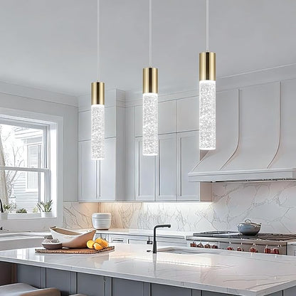 OKELI Modern Pendant Lights,LED Bubble Crystal Kitchen Island Light Fixtures,Mini Single Pendant Lighting for Kitchen Island,Bar,6W,6000K,Gold,3Pack