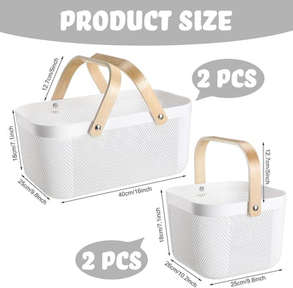 Sadnyy 4 Pcs Plastic Mesh Garden Harvest Basket Storage Basket with Wooden Handle Multi Functional Mesh Bin for Kitchen Cabinet Picnic Fruit Vegetable Gathering Organizer(Large, Small,White)