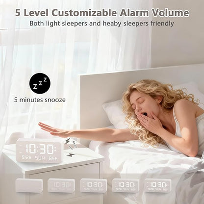 Wooden Digital Alarm Clock for Bedroom - Desk Clock with Date, Day of Week, Temperature, Dual Alarms, Dimmer, USB Port Charge, DST, Adjustable Volume for Living Room/Office Wood Decor (White)