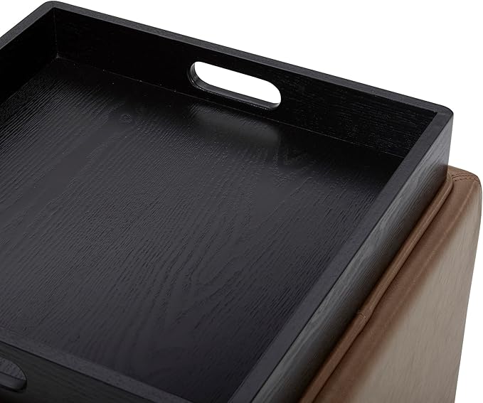 CHITA Storage Ottoman Cube with Tray Lid, Small Footstool with Storage, Square End Table for Living Room and Bedroom, Faux Leather in Saddle Brown