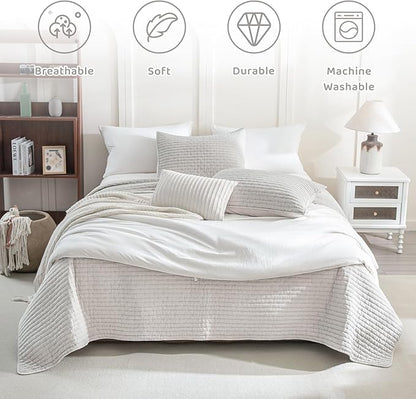 Sanracie Stonewashed Cotton Oversized King Bedspread(128"x120"), Soft Light Wheat Color Extra Large Wide Oversized Quilt Sets Cross Stitch Lightweight Crinkle Coverlet Set 3Pcs for All Season