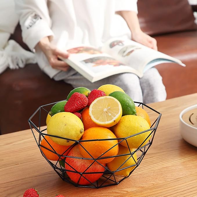 HOMQUEN Fruit Basket, Fruit Bowl, Metal Wire Fruit Basket for kitchen, Fruit Bowl for Kitchen Counter, Basket for Fruits, Vegetables, Breads, Snacks, Kitchen Gadgets (Square Tall, Black)