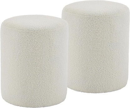 Modern Round Ottoman 2Pcs, Classic Foot Stool Ottoman, Teddy Fleece Upholstered Vanity Stool for Makeup, Bedroom, Living Room, White