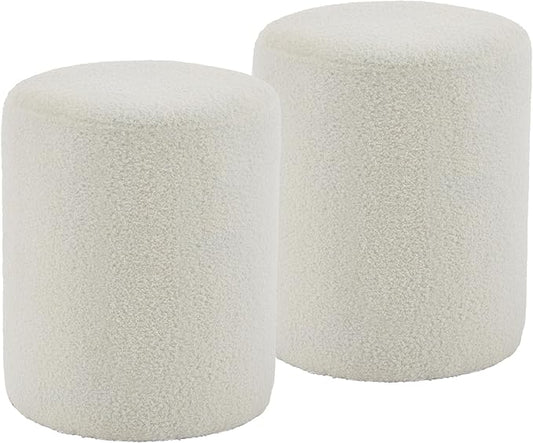 Modern Round Ottoman 2Pcs, Classic Foot Stool Ottoman, Teddy Fleece Upholstered Vanity Stool for Makeup, Bedroom, Living Room, White