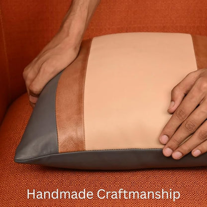 LL LEATHER LOVERS Genuine Lambskin Leather Pillow Cover, 14x14 Inch Case for Lumbar Throw Couch Pillows, Thick & Soft Cushion Covers for Sofa Bed Home Décor (Grey Tan & Off-White Pack of 1)