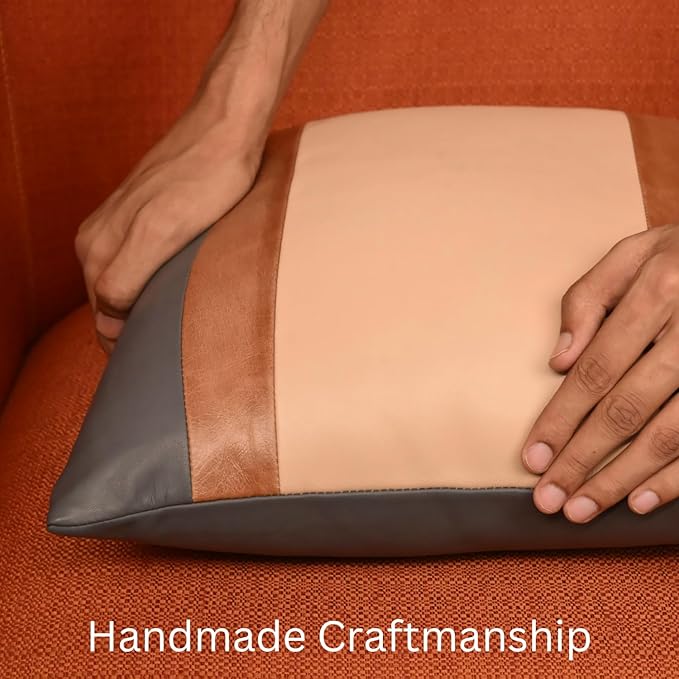 LL LEATHER LOVERS Genuine Lambskin Leather Pillow Cover, 20x20 Inch Case for Lumbar Throw Couch Pillows, Thick & Soft Cushion Covers for Sofa Bed Home Décor (Grey Tan & Off-White Pack of 1)
