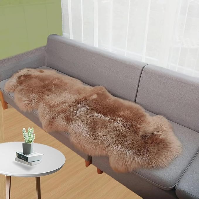 Woolous Genuine New Zealand Sheepskin Double Pelt Rug- Handmade Sheep Skin Runner Rug, Soft Thick Natural Bedside Area Rug for Bedroom and Living Room Decor, (2x6 ft, Brown)