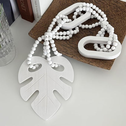 Unique Wood Beads with Chain Link and Leaf, Decorative Beads Home Decor, Knot Beaded Garland Decor, Housewarming Gift, White
