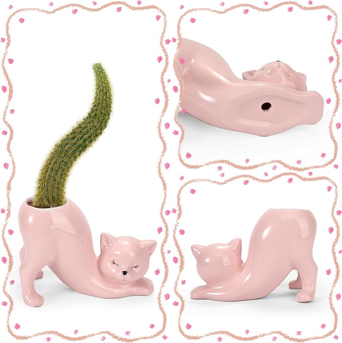 TOIVO Cat Planter Pot，Indoor and Outdoor Plant Displays，Funny Ceramics Cat Flower Pot，Gifts for Cat Lovers，Lovely Office Desk Room Home Decor (Pink, Small)