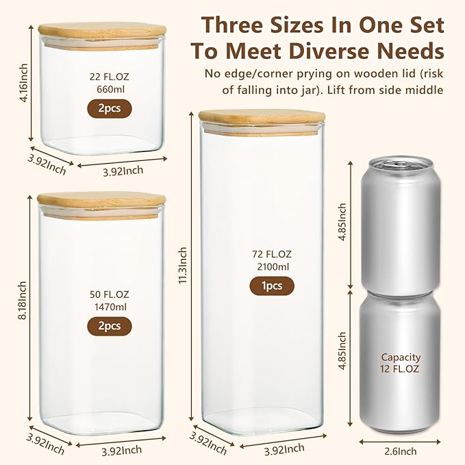KEYWING Glass Food Storage Containers with Lids Set of 5, Multi Size Square Glass Canister Food Jar, Kitchen Pantry Storage Container for Spaghetti, Pasta, Flour, Sugar, Cereal, Coffee Beans, Spices