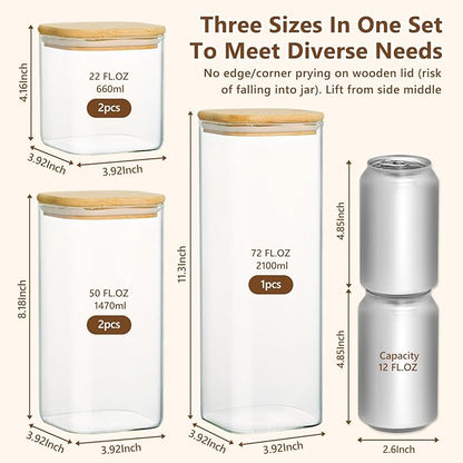 KEYWING Glass Food Storage Containers with Lids Set of 5, Multi Size Square Glass Canister Food Jar, Kitchen Pantry Storage Container for Spaghetti, Pasta, Flour, Sugar, Cereal, Coffee Beans, Spices
