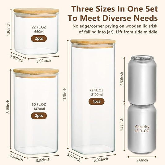 KEYWING Glass Food Storage Containers with Lids Set of 5, Multi Size Square Glass Canister Food Jar, Kitchen Pantry Storage Container for Spaghetti, Pasta, Flour, Sugar, Cereal, Coffee Beans, Spices