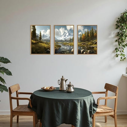 Large Watercolor Snow Mountain Framed Canvas Wall Art,Modern River Grassland Wall Decor,Natural Green Forest Artwork,Neutral Wood Landscape Art Print for Living Room,Bedroom,Office- 16"x24"x3
