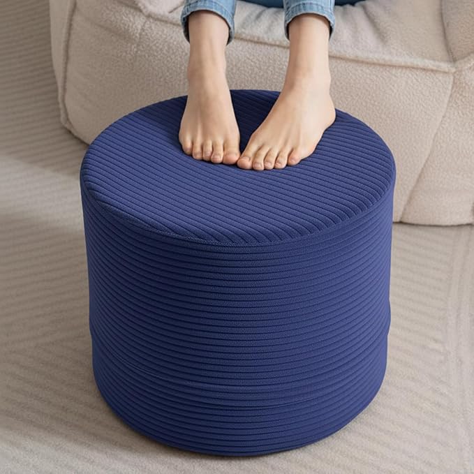 LITA Round Stuffed Pouf Ottoman, Corduroy Poufs with High-Density Foam Filling and Washable Cover, Furry and Fluffy Bean Bag Foot Stools Ottoman for Living Room, Bedroom, Office, Navy Blue