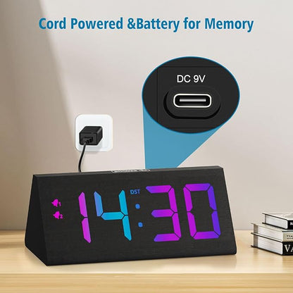 Wooden Digital Alarm Clock with Dual USB Charging Ports, DST, Dimmable, Snooze, RGB Colors, Modern Large Time Display LED Clock for Kids Bedrooms, Living Room, Desk, Table, Bedside, Nightstand (Black)