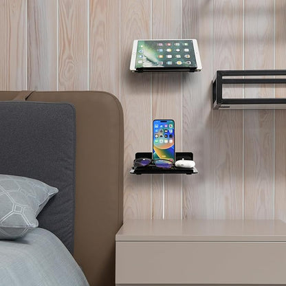 Cosmos Set of 2 Acrylic Floating Wall Shelves Hanging Shelves, Adhesive Wall Display Shelf Stand for Plant Pot, Speaker, Security Camera, Figures in Office and Home, 7.8 x 5.8 Inch (Solid Black)