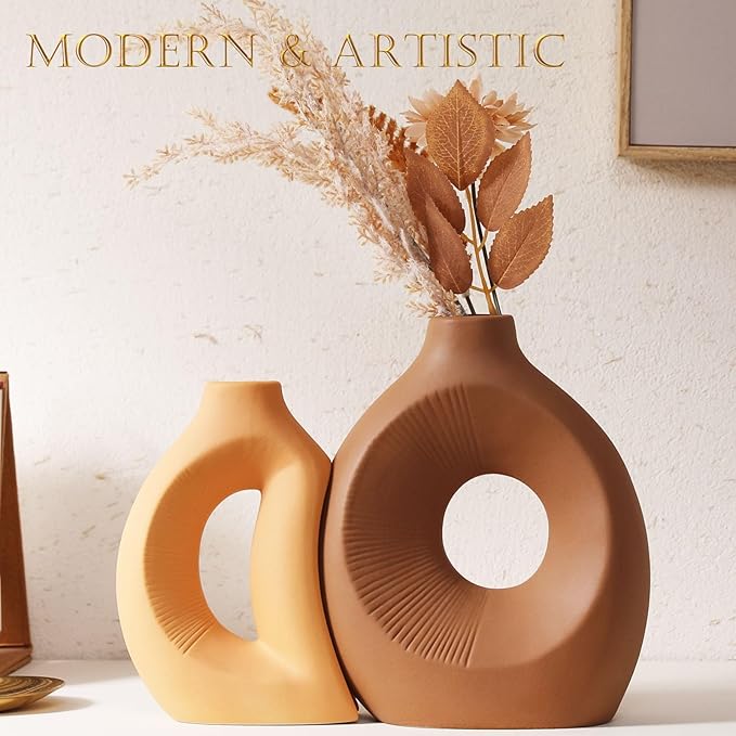 Ceramic Vase Set of 2 - Handcrafted Ceramic Vases for Home Decor & Shelf - Modern Farmhouse Decor for Kitchen, Office, Bedroom & Living Room Decorative Objects for Mantel, Table Centerpieces