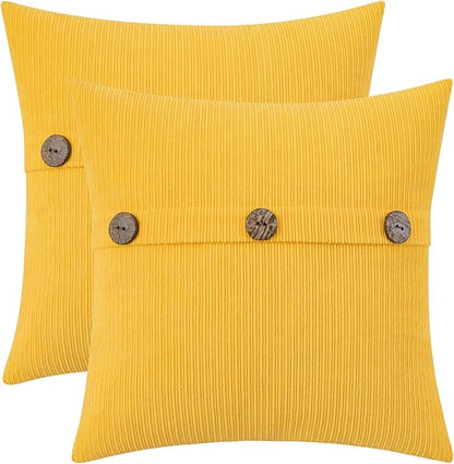 HWY 50 Yellow Chenille Throw Pillow Covers 16x16 Inch with Triple Buttons, Soft Farmhouse Accent Decorative Cushion Cases for Couch Sofa Bed Living Room Pack of 2