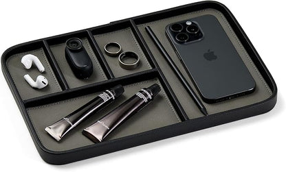 Nordik Leather Valet Tray - Pebble Black - 11.8x7.9 Inch Large Vegan Leather Tray - Stylish Nightstand Organizer for Men - Modern Bedside Caddy - EDC Catchall for Key Watch Wallet Jewellery