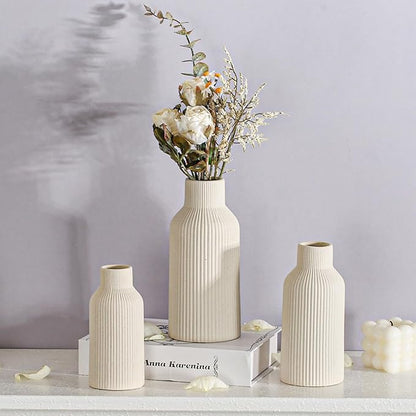 Bohemian Beige Ceramic Vase - for Pampas Grass, Mantel, Bookshelf, Entryway and Living Room Decor (Beige, 8in)