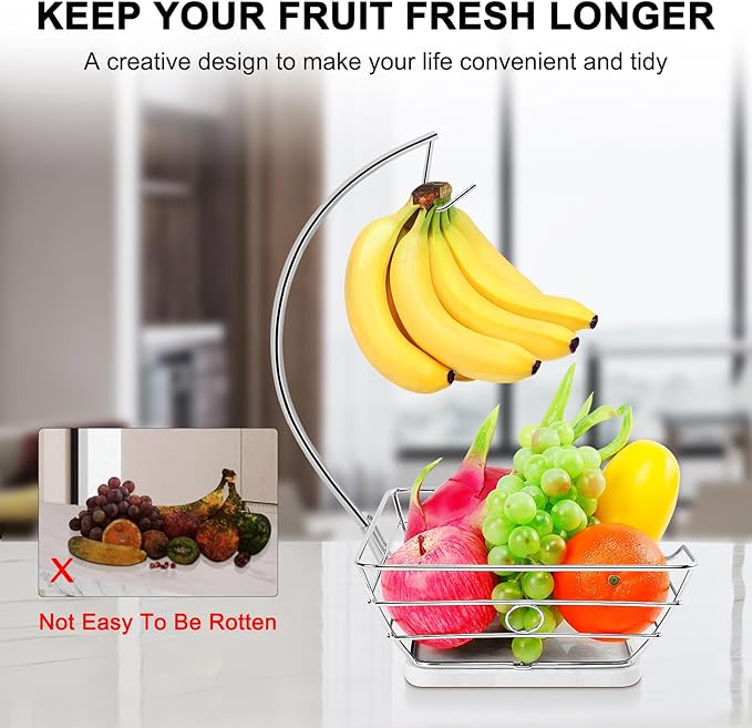 Livabber Countertop Fruit Basket Bowl with Banana Hanger, Modern Standing Fruit Vegetable Bowl Storage, with Banana Tree Holder for Kitchen Dinning Table (Square Marble, Chrome)
